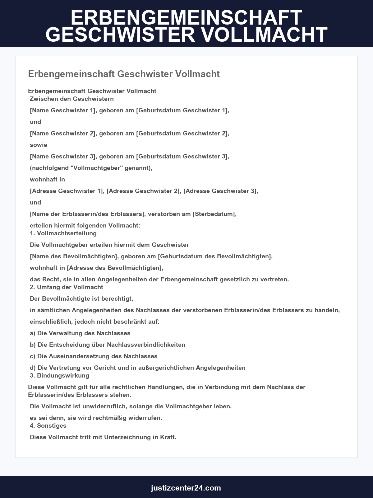 Erbengemeinschaft Geschwister Vollmacht Muster