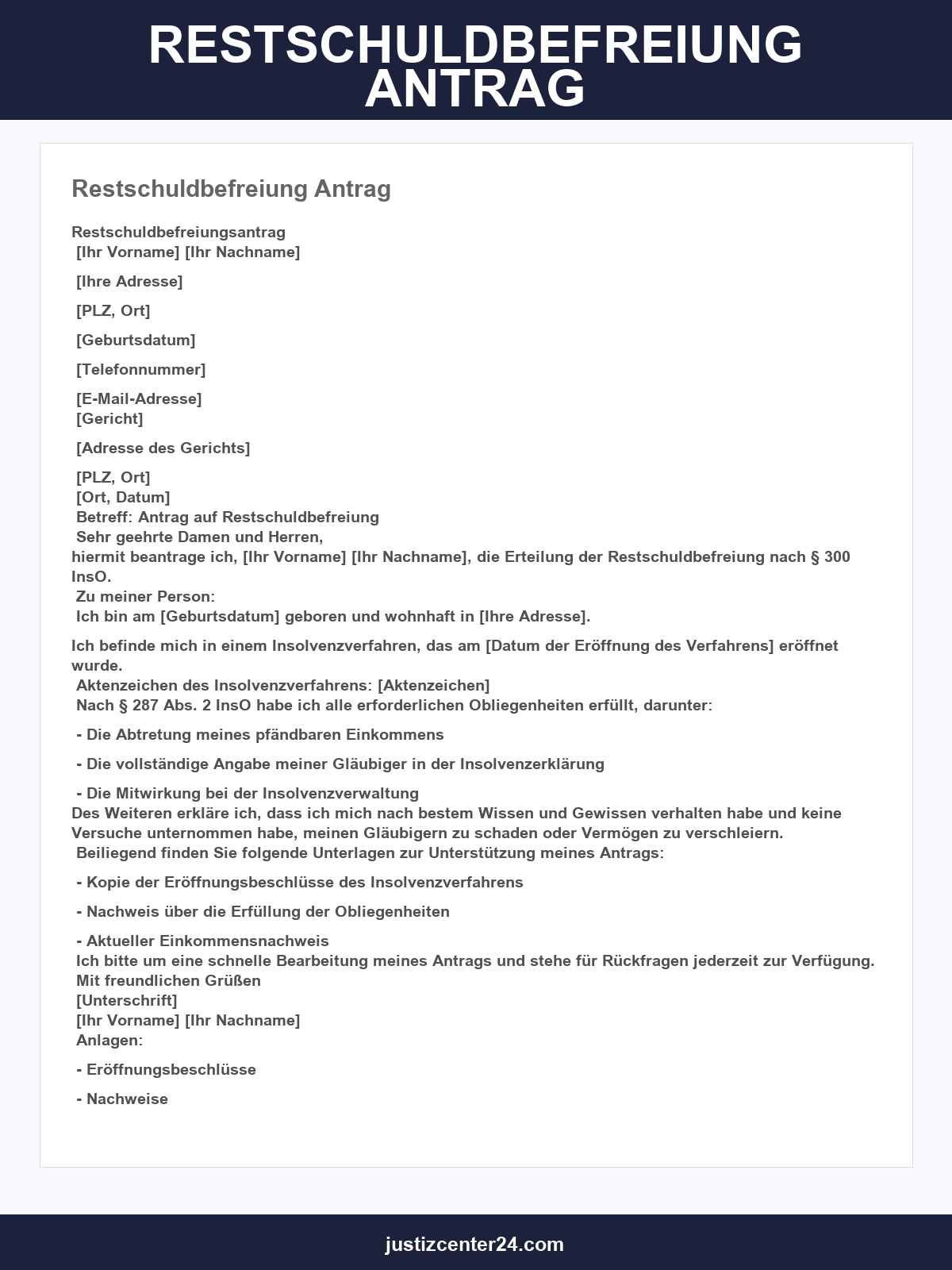 Restschuldbefreiung Antrag Vorlage