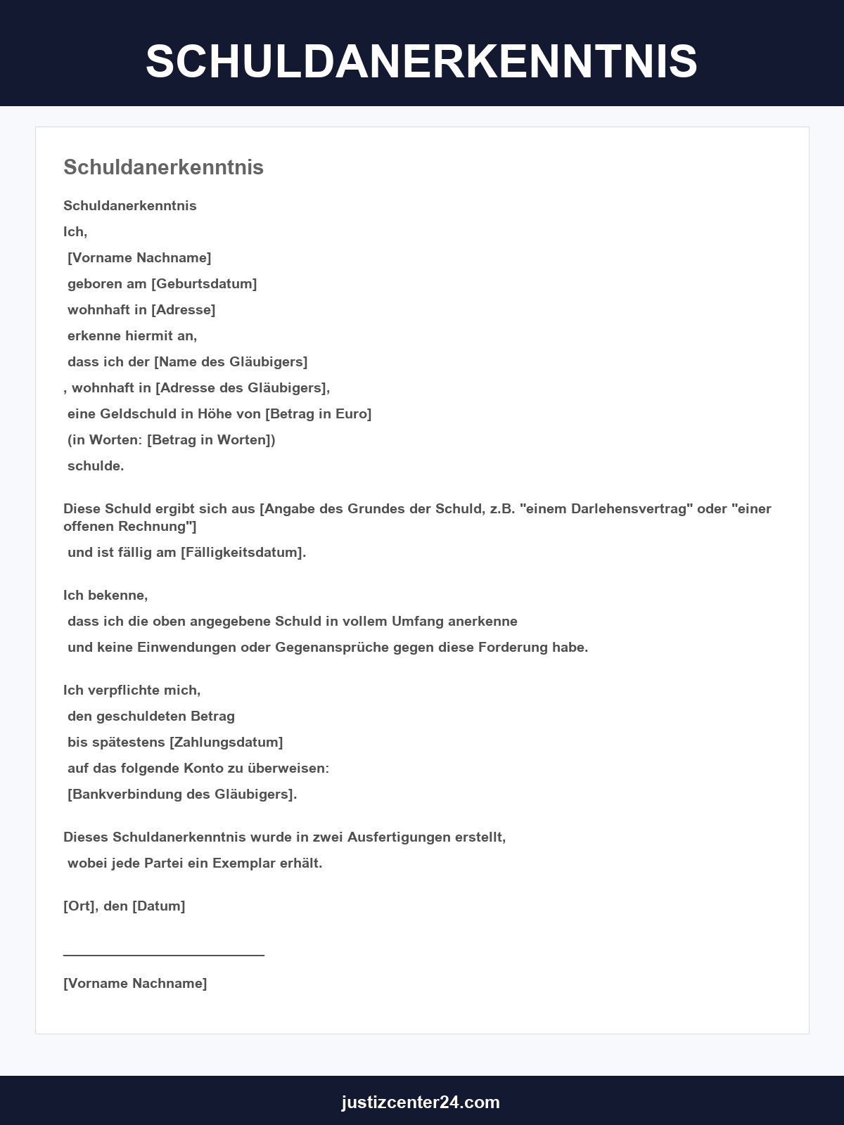 Schuldanerkenntnis Vorlage