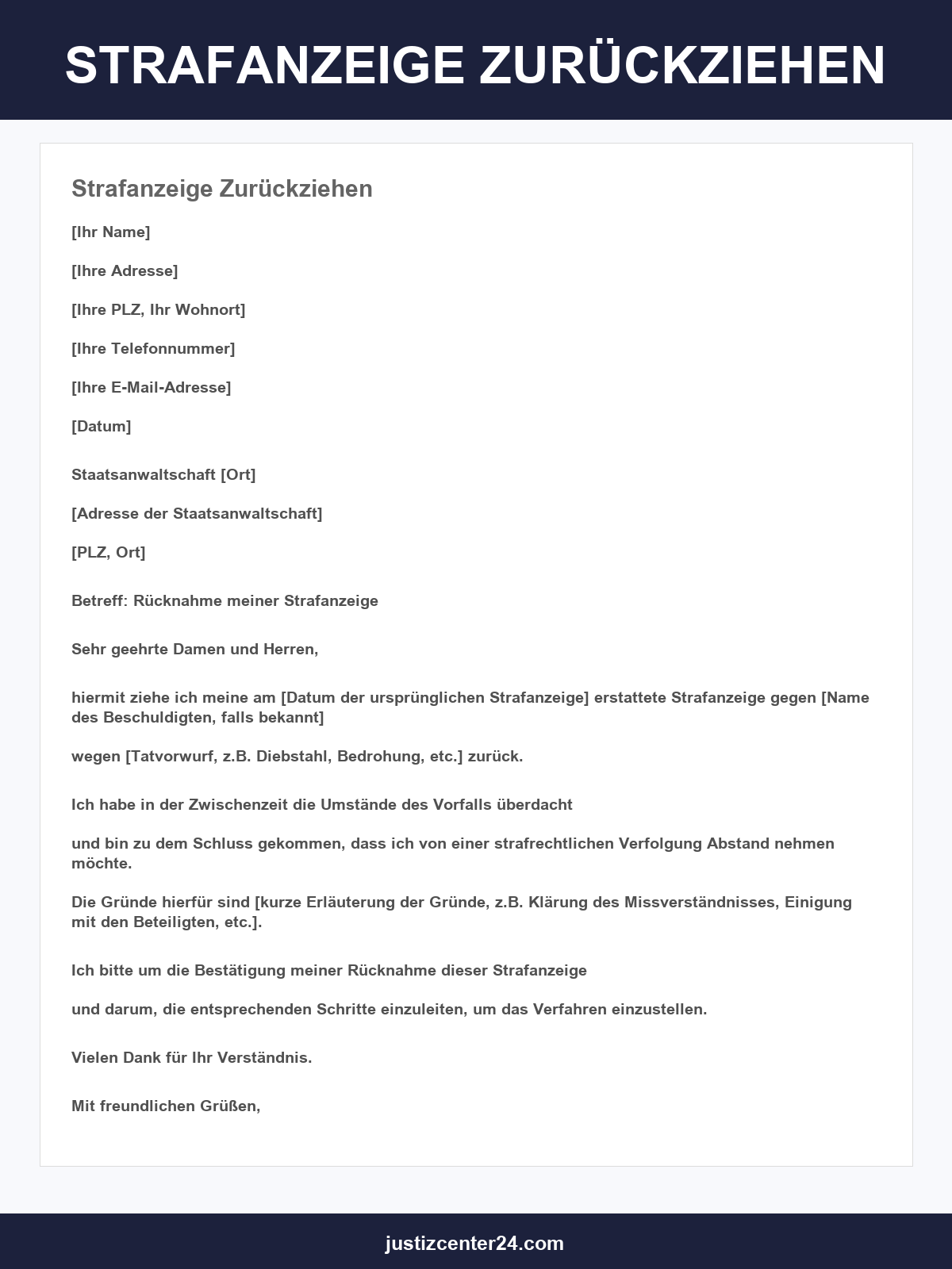 Strafanzeige Zurückziehen Vorlage
